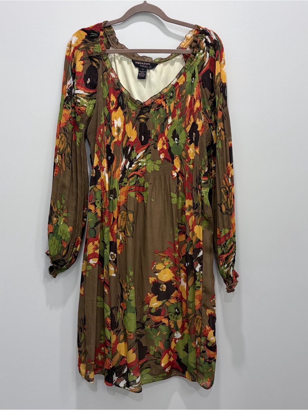 Signature by Robbie Bee Floral Pleated Midi Dress 16 Boho Floral Earthy Smocked - Picture 2 of 8